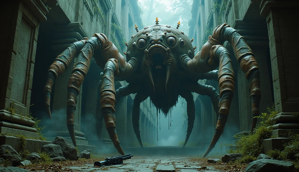 A Lovecraftian extremely colossal god, crab/spider, in a dark temple, Very scary. A tiny machine gun on the ground makes the god look even more gigantic.