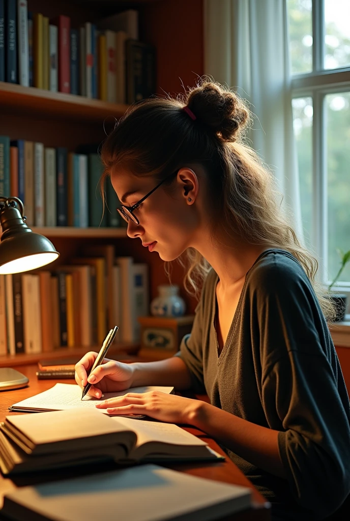 Boken ,glasses and pen and person studying