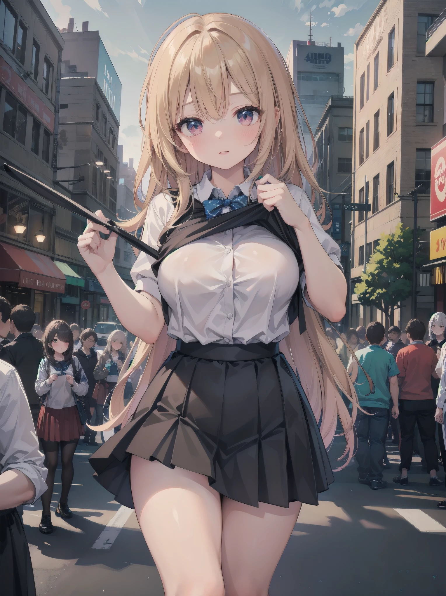 Highly detailed CG Unity 8k wallpaper, best quality, highly detailed, masterpiece, Highly detailed cute girl, 18 years old, (((lifting skirt by herself))), (lifting by herself), dynamic angles, sexy pose, blush, lips apart, looking at the audience , half body shot, (crowd), (crowded big city)), hair over one eye, immaculate beauty, upscale, less revealing clothing