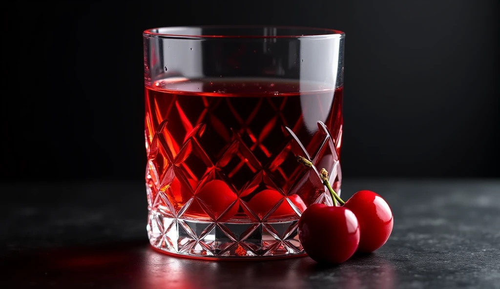 a glass of liqueur with a red liquid and some cherries at the bottom. on a black table. ultra realisitic. What should convey: elegance, sophistication.