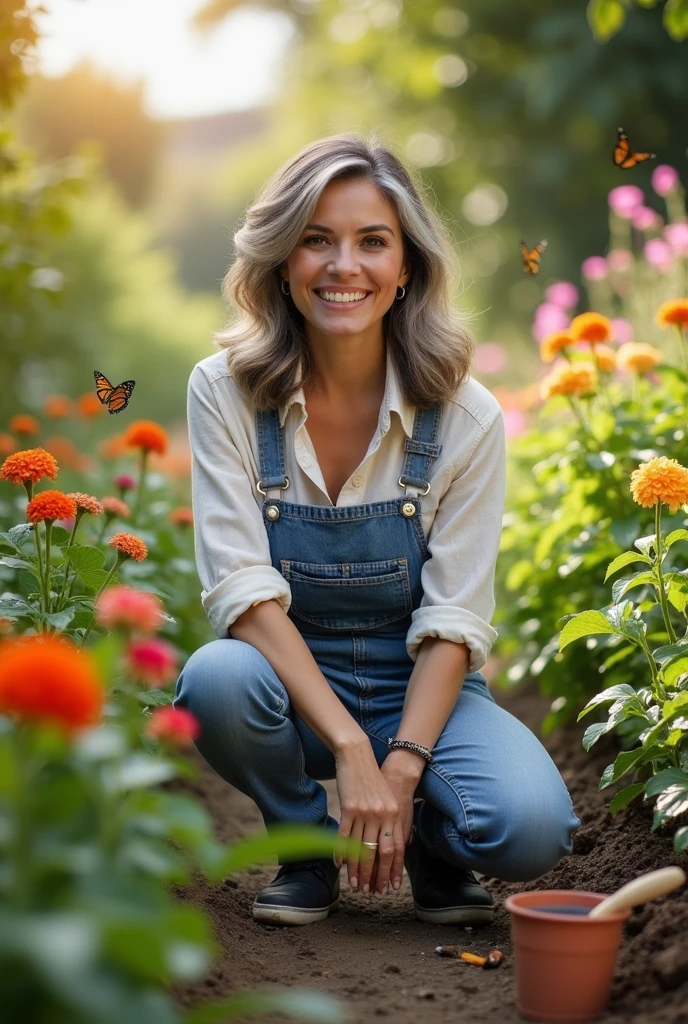 Alejandra Rodríguez, Miss Argentina. Make her hair a little more gray. A blouse and overalls, taking care of her garden, Make her slightly older and with a shy smile 