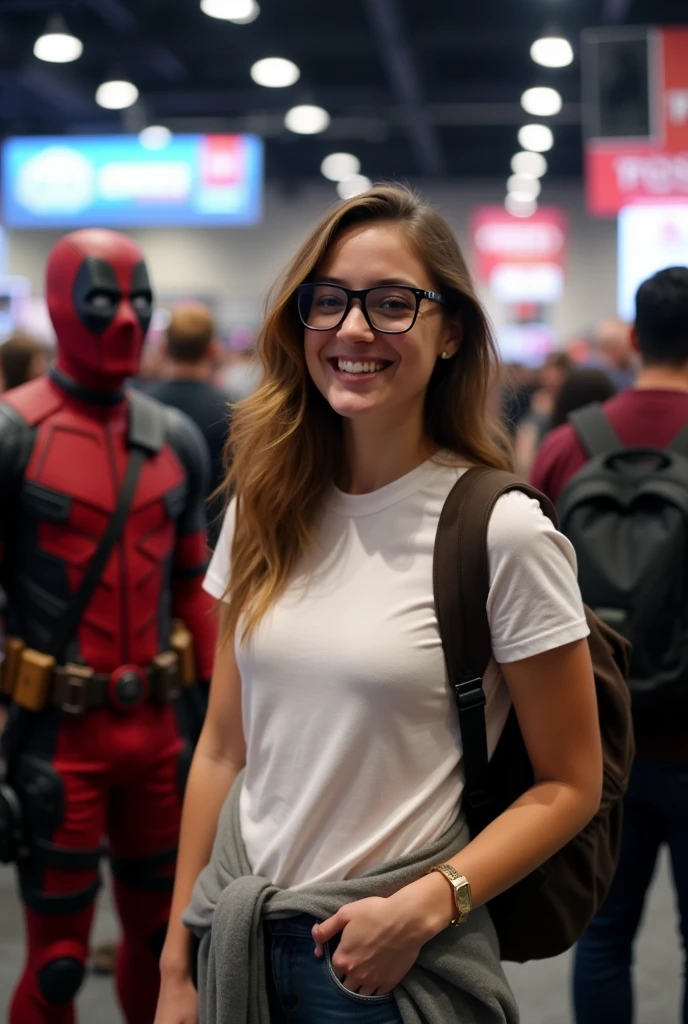 The image shows a person wearing glasses and a white t-shirt and a tied-up sweatshirt., posing for a selfie in a low-light environment. Behind this person, There is someone dressed as Deadpool, the comic book character. The scene appears to be at a crowded event., like a convention or a party, since there are several people in the background.