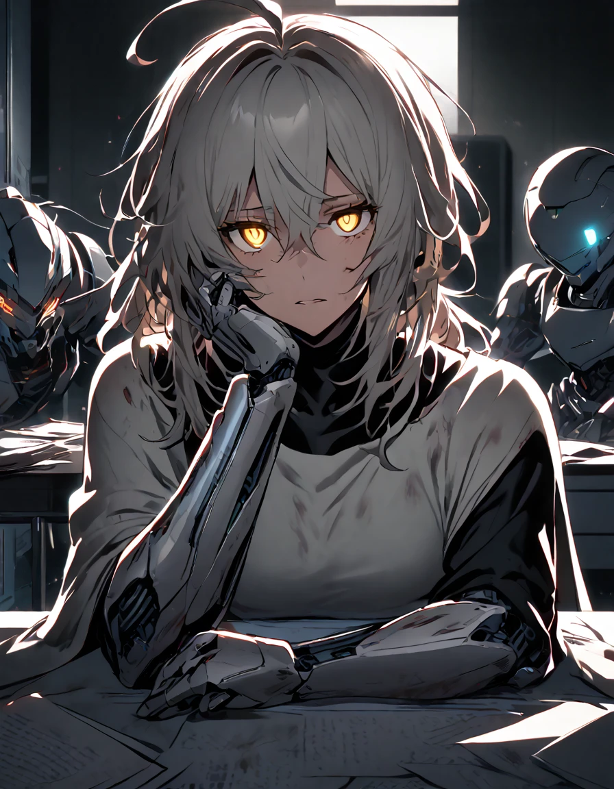 mature, Golden eyes, looking at viewer, female, hospital room background, messy hair, grey shoulder-length hair, ponytail, parted lips, hair between eyes, ahoge, background in low light, dark, night, emotionless, robot, white cloak, black shirt, robotic left eye, sitting down, desk, papers, glowing eyes, hand on face, damaged arms, damaged eye, no emotion, half-robot, prototype, bored