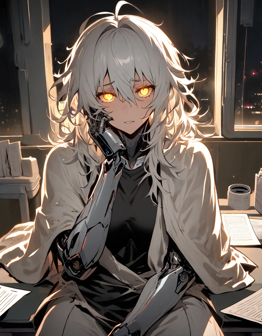 mature, Golden eyes, looking at viewer, female, hospital room background, messy hair, grey shoulder-length hair, ponytail, parted lips, hair between eyes, ahoge, background in low light, dark, night, emotionless, robot, white cloak, black shirt, robotic left eye, sitting down, desk, papers, glowing eyes, hand on face, damaged arms, damaged eye, no emotion, half-robot, prototype, bored