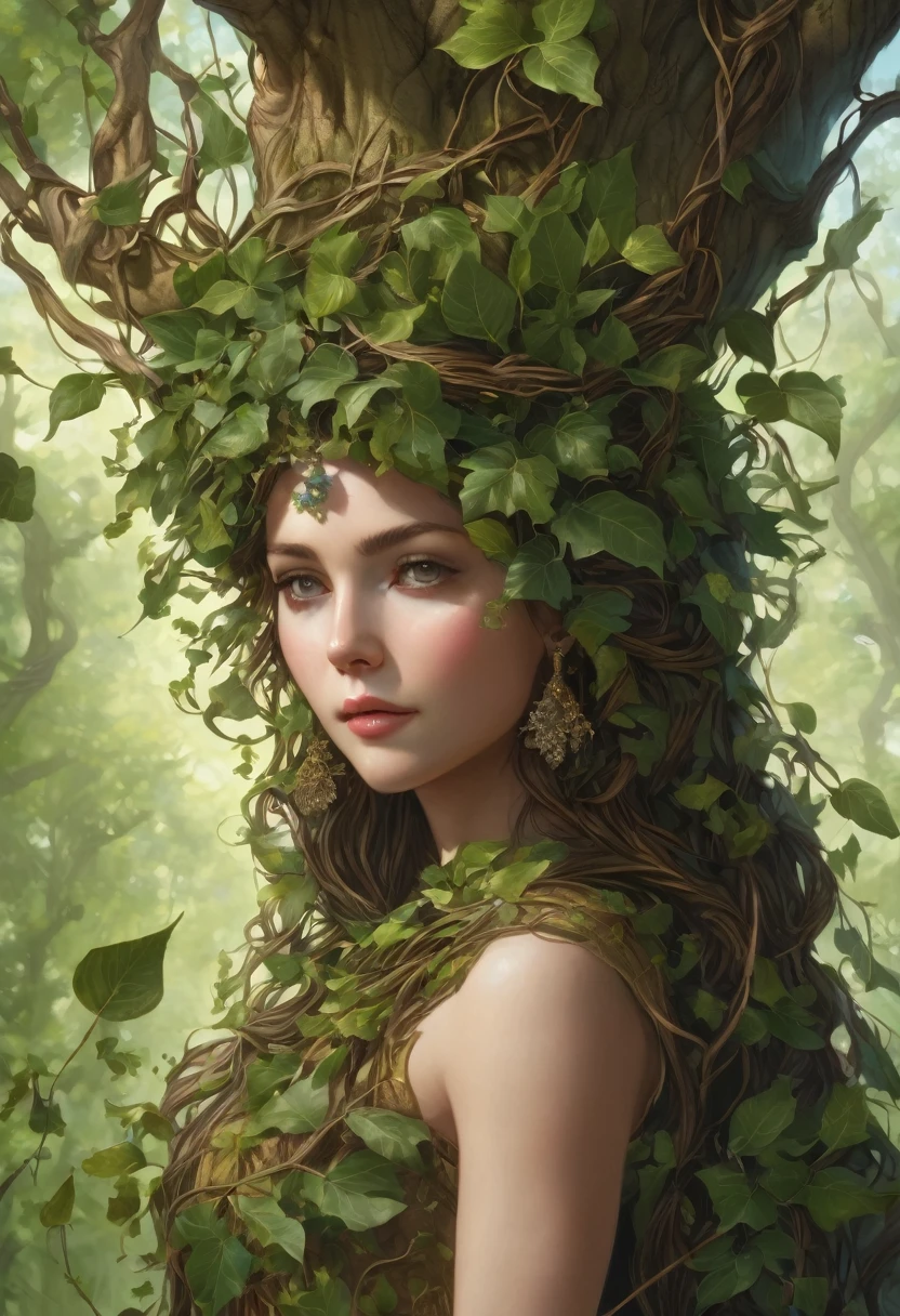 ((best quality)), ((masterpiece)), (detailed), 1girl, dryad emerging from her tree, dressed in clothing made only from leaves and vines