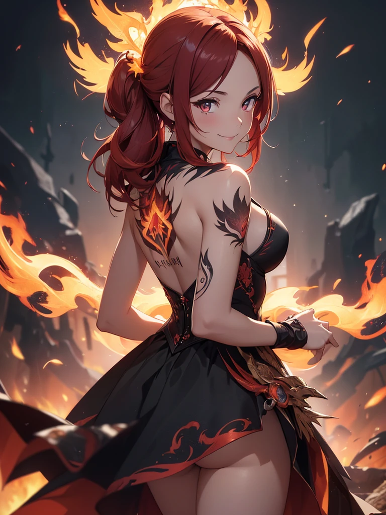 (((best quality, sharp image, clear image, cinematic lighting, 8k resolution, masterpiece, ultra detailed, intricate))) Girl, (((looking over left shoulder))), (shot from behind), ((shot from hip up)), fiery red hair, pigtails, ((intricate black dress)), ((flaming sigils, flaming runes)), spiky rock formations, (flaming lotus flowers frame), (intricate background), (chaotic background), (busy background), ((Phoenix)), (swirling flames), smiling,tatoo on back