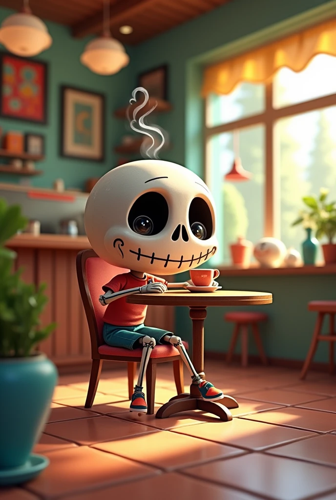 A cartoon skull drinking coffee