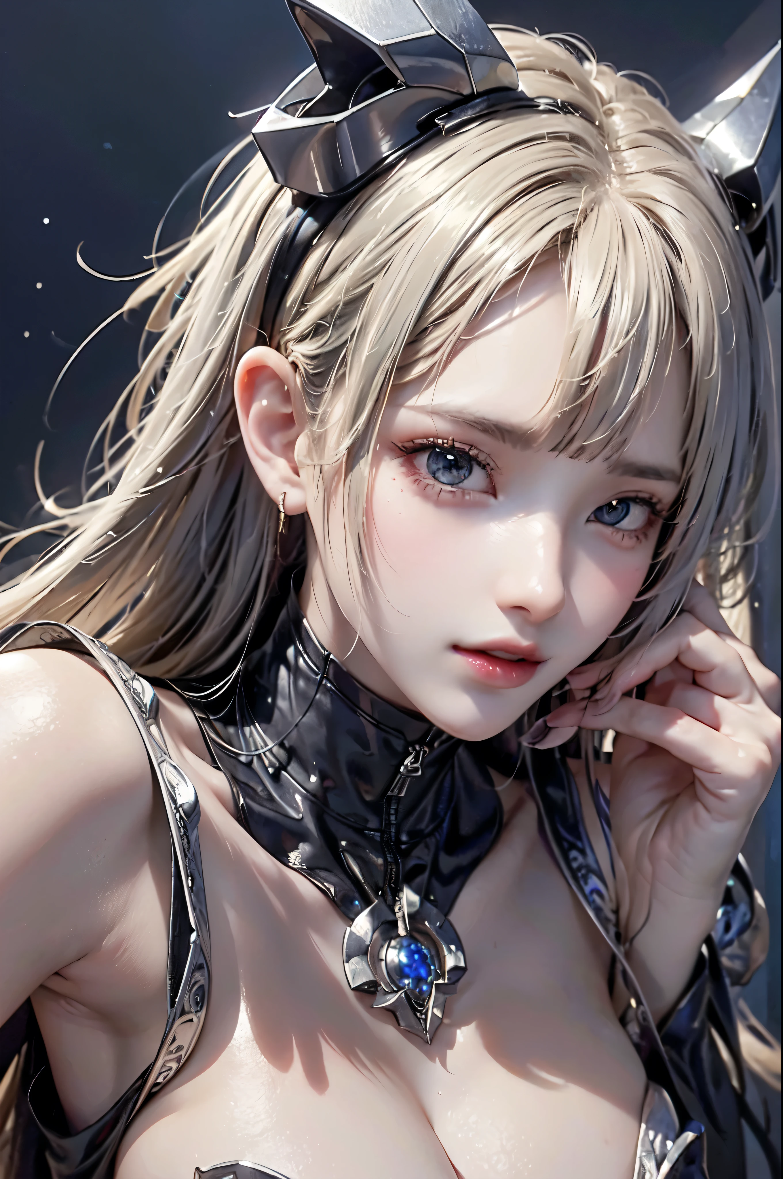 NSFW,((top quality、8k、masterpiece:1.3))Wears a silver-white mech，girl with delicate face，Highest image quality，Ultra-clear，Delicate and clear facial features，end of the world，Mechanical arm，Exquisitely detailed mechanical pattern,Cyberpunk characters、numbercity、number、century、throne、(((Completely naked)))