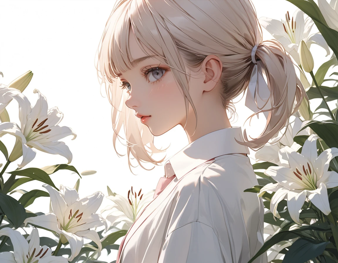 ((Masterpiece)), ((best quality)), (sketch), ((wide shot)), (super detail:1.2), (High Definition:1.3), ((extremely detailed)), (8K), (Professional Photography:1.2), (very aesthetic:1.2), (absurdres:1.2), (sharp focus), (perfect light), (drop shadow), (from side), ((1girl)), ((age girl)), looking at viewer, (Close-up of lilies), beautiful white background showing lily picture, Splendid white lilies in full bloom, ((Beautiful many Lilies)), details of the petals are delicate and gorgeous, cute ribbon, platinum-gold hair, (loose blunt bangs), (medium hair), ((loose knotted short pigtails)), cute face, Healthy skin, (Healthy slim body), sad face, (cute cheeks), glossy lips, pouty lips, bags under the eyes, (lower eyelashes), (detailed background:1.2), newest, clear line, (pale pink bottoned shirts),