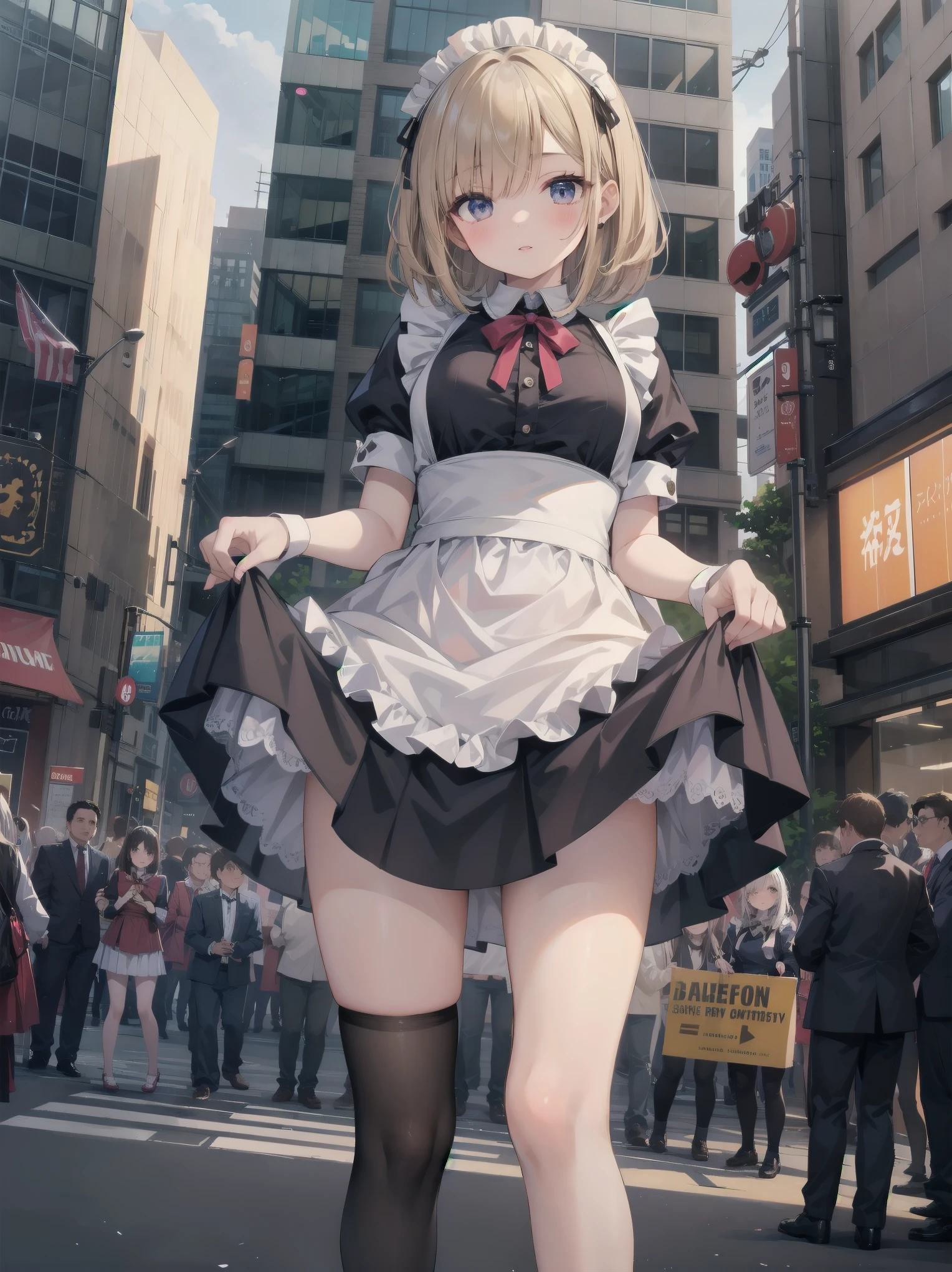 Highly detailed CG Unity 8k wallpaper, Top quality, Highly detailed, Masterpiece, Highly detailed pretty girl, , (((lifting skirt by herself))), (lifting skirt by herself)), dynamic angles, sexy pose, blush, lips apart, looking at audience, half body shot, (crowd), (crowded big city)), hair over one eye, immaculate beauty, less revealing maid outfit, classical maid fashion