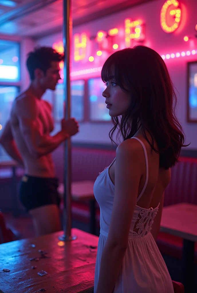 Shoulder length chocolate hair naked girl in a dress at a strip club watching a muscled guy pole dancing, she's blonde with a sweet face and no hair at all, black boxer shorts, slicked back hair and an anime style superman physique