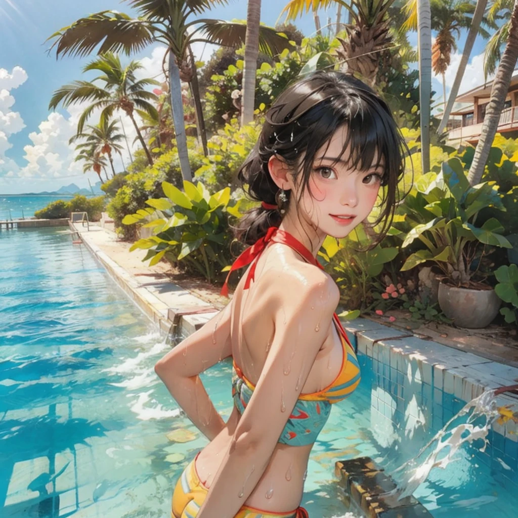 ((highest quality, masterpiece, High resolution)), ((reality)),Photos of beautiful Japanese women,((anime art))、 (((1 girl))), normal size breasts, slim body shape, long ponytail,double eyelid, Wet see-through bikini, A pareo with bold ethnic patterns and plenty of primary colors、(Brown skin:1.4),realistic skin、Wet,whole body,cinematic light、tropical、Against the background of palm trees on both sides、on a sunny beach、With the sea in the background、blur background、smile