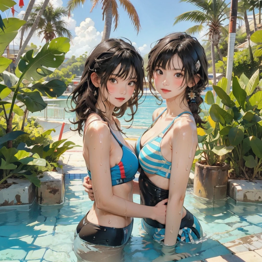 ((highest quality, masterpiece, High resolution)), ((reality)),Photos of beautiful Japanese women,((anime art))、 (((1 girl))), normal size breasts, slim body shape, long ponytail,double eyelid, Wet see-through bikini, A pareo with bold ethnic patterns and plenty of primary colors、(Brown skin:1.4),realistic skin、Wet,whole body,cinematic light、tropical、Against the background of palm trees on both sides、on a sunny beach、With the sea in the background、blur background、smile