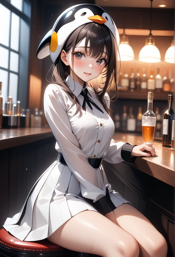 (((Wearing a penguin-colored costume, pleated skirt, Penguin hat))), ((Shiny Costumes)), skindentation, skinny, solo, 1 woman, Masterpiece, highest quality, highest quality, 16K, incredibly absurd, highly detailed, 2.5D, ai-generated, delicate and dynamic, very delicate facial expressions, delicate eye depiction, erotic, only sexy woman, ((A cute and kind face)), healthy figure, ((25-year-old woman)), 160cm tall, medium firm swaying bust, Dark Hair, blush, Sweat,Embarrassed,sexy, ((thin thighs)), shiny and lustrous, facing straight at viewer, (((in heat))), ((Oily_skin)), ((Lots of sweat)), (((Brown Skin))), ((dutch angle)), ((erotic pose)), (((Dynamic Pose))), ((Being or sitting at the bar)),