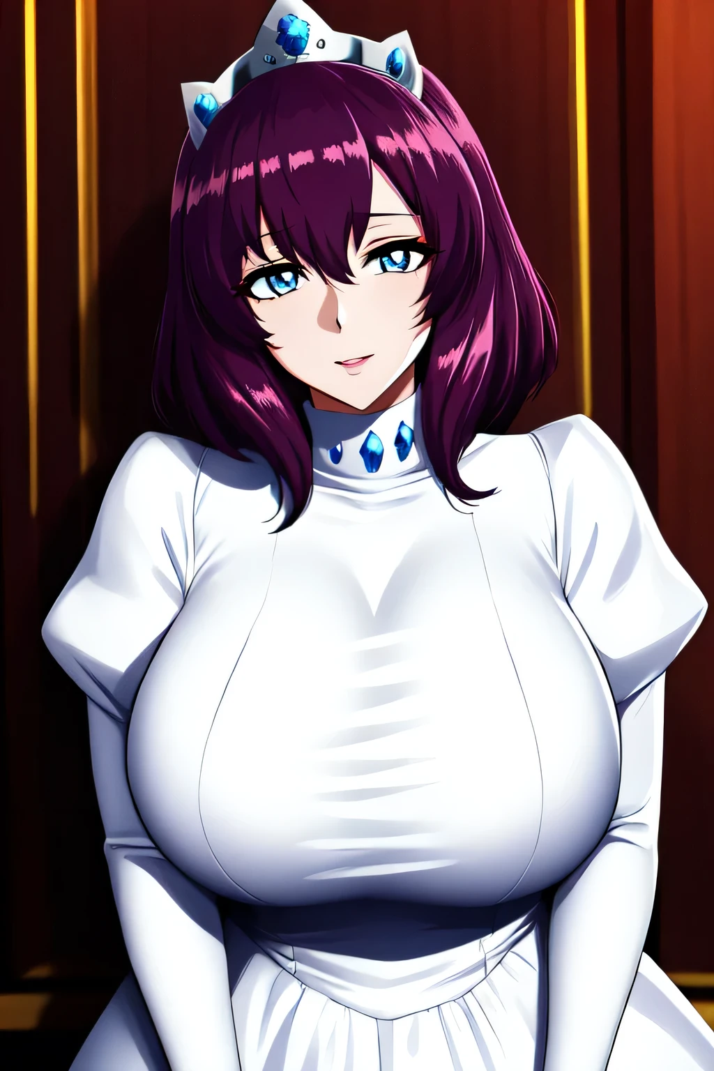 henrietta_de_tristain, huge_breasts, standing, solo, White_turtleneck_dress_White_thighhighs_White_garter_straps_Tiara, masterpiece, best quality, detailed face, detailed eyes, highres,