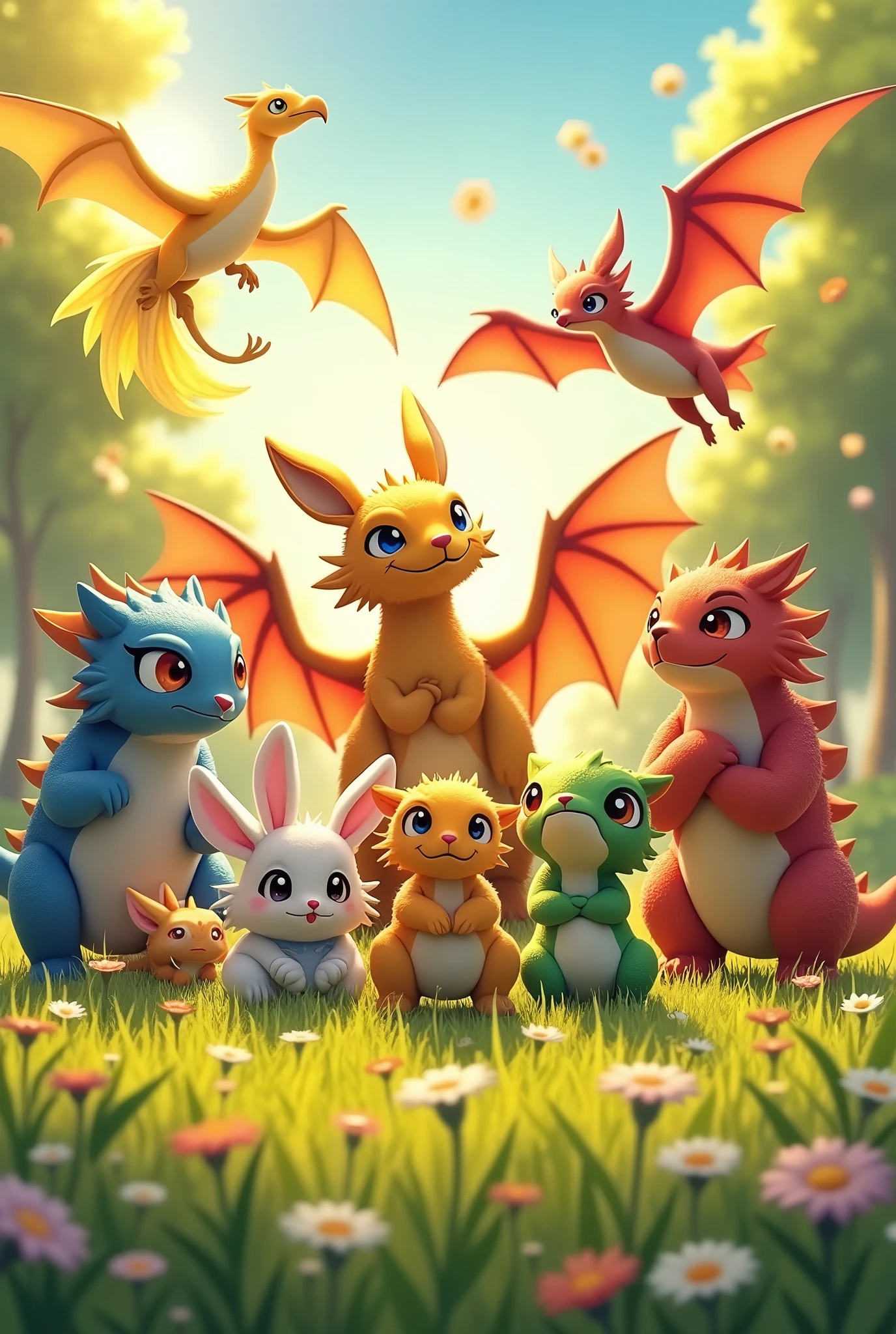Monster rancher 2, all monster posing, photosession, outdoor, 8k, high quality, meadow, mocchi, hare, zuum, tiger, pixie, worm, joker, baku, durahan, dragon, beaclon, holly, coltia, jell, monol, phoenix