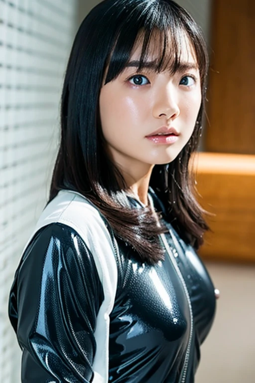 masterpiece, Highest quality, Unreal Engine, Super Resolution, Very detailed, Complex, colorful, Clear images, Sharp focus, Digital Blending,
One beautiful woman, A single actress, ashidamana, Perfect Eyes, Perfect Face, Ultra detailed hair, Ultra detailed face, Very detailed lips,Vivid expression, Healthy Body, Beautifully cute, realistic details of an Asian person's sweat glands, Smooth skin texture, Carefully drawn,
(humidity:1.2), Beautiful Eyes, (Attractive face:1.2), (Beautiful Skin), (Big Breasts), (Super shiny, Rubber Suit), Puffy nipples, Tight waist, Sticky with sweat, (Oily skin), (A shiny suit coated in oil), In a dynamic pose,
Studio Photo, indoor, In the torture room of an SM club, In the dim light, Cowboy Shot,