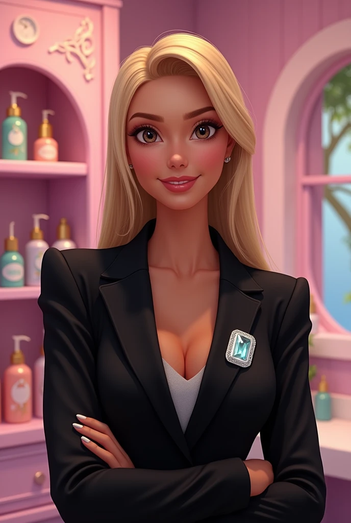 Make a beauty professional with a black lab coat, rectangular brooch, Round face, mature woman, straight blonde hair, Disney style drawing 