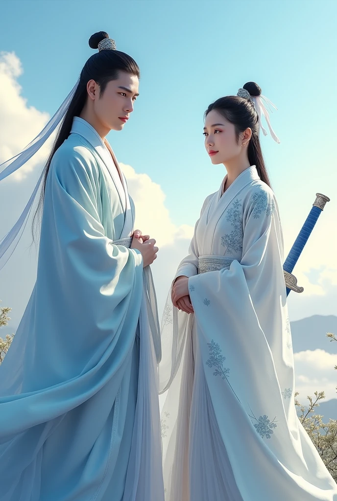 Two Asian men dressed in traditional clothes come into contact with each other, xianxia fantasy, Wuxia, full-body wuxia, Cai Xukun, film promotional image, key art, xianxia hero, Xianxia, Inspired by Zhang Han, Chinese fantasy, heise jinyao, Yan, Ruan Jia and Fenghua Zhong,Clear close-up of faces,超高分辨率,Full marks for details,