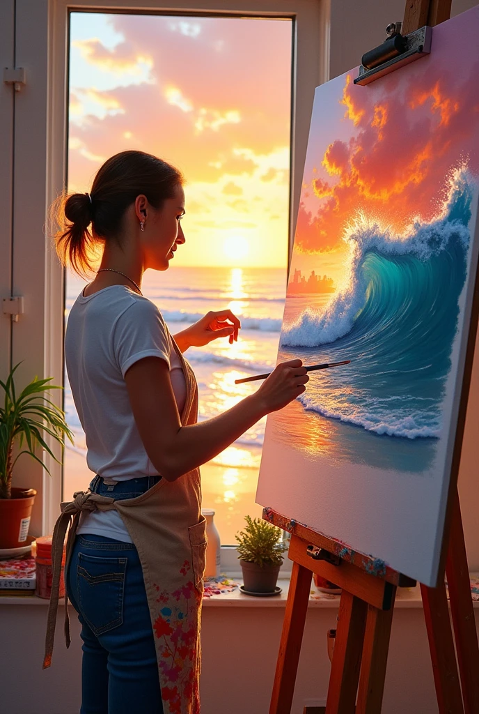 have a painter drawing on a white canvas a beautiful painting of the sea at sunset