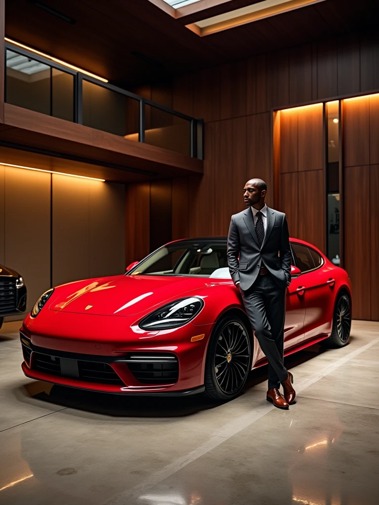 1.0 - Official Launch" Precision - SDXL LoRA" Interiors - SDXL LoRA" A crimson red Porsche Panamera Turbo S E-Hybrid is parked in an ultra-luxurious garage, where every detail exudes opulence and sophistication. The garage floor is made of polished concrete, reflecting the car's sleek curves and creating a mirror effect. The walls are clad with elegant, dark wood paneling, interspersed with sections of exposed carbon fiber and glass, giving the space a modern and timeless feel. The overload, soft, recessed lighting emits a warm tone, gold glow, highlighting the carbon fiber wheels and chrome details of the Porsche. The panoramic sunroof allows the ambient lighting to play across the car’s beige leathery interior with Carmine Red stitching, showing the meticulous craftsmanship. To the side, a vintage leathery armchair and a glass coffee table with a decanter of fine whiskey suggest a space designed not just for cars, but for relaxation and contemplation. | André is next to the car, his hand resting casually on the carbon fiber door trim. He is dressed in a bespoke charcoal gray slim-fit suit that matches the modern luxury of the surroundings. Your posture is relaxed, with one hand in his pocket and a slight smile on his face, as if he appreciates the silent elegance of the space. The camera captures this scene from a wide low-angle shot, emphasizing the grandeur of the garage and the Porsche's dominance within it. A 50mm lens with an f-stop of/1.4 is used to achieve a soft, cinematic bokeh effect, keeping the focus on André and the car while subtly blurring the background. The camera slowly zooms in, focusing first on the intricate details of the car, then shifting to André's composed expression, and finally in the luxurious environment. A warm filter enhances the rich tones of the wood, leathery, and finishing of the car, creating an atmosphere of understated luxury and exclusivity