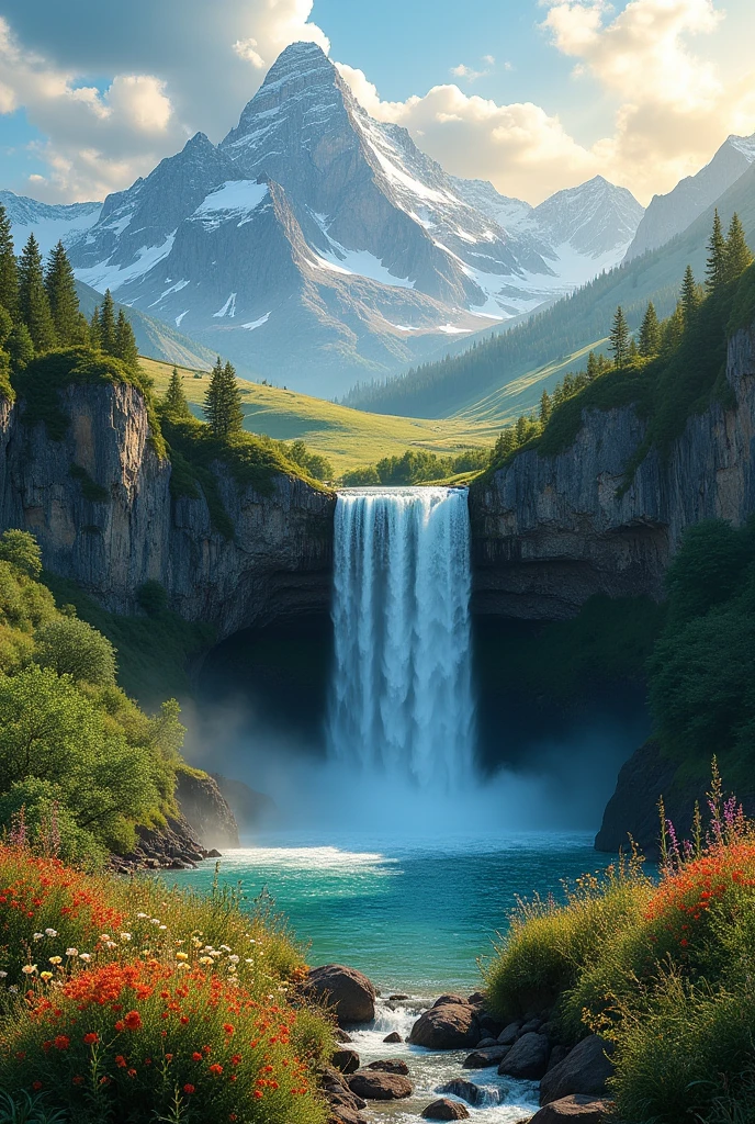 Nature sun and mountains with water fall
