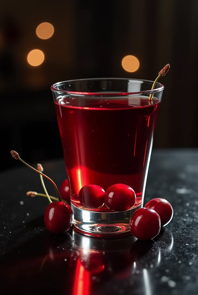 a glass of liqueur with a red liquid and some cherries at the bottom. on a black table. ultra realisitic. What should convey: elegance, sophistication.