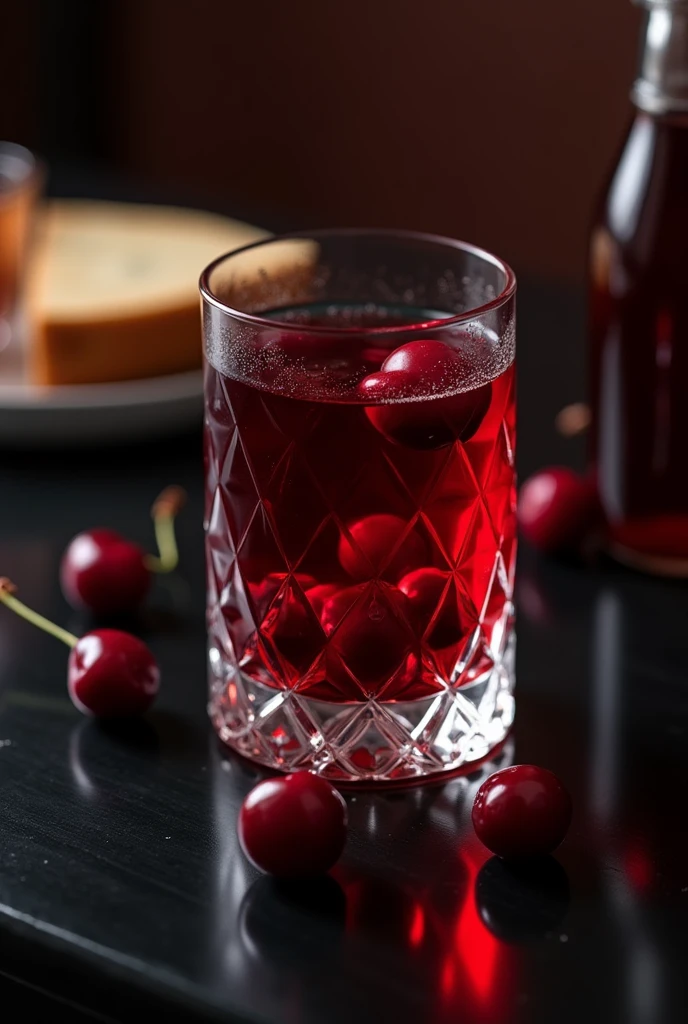 a glass of liqueur with a red liquid and some cherries at the bottom. on a black table. ultra realisitic. What should convey: elegance, sophistication.