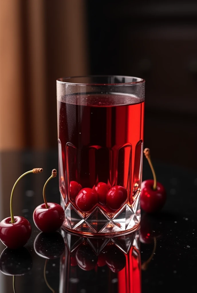 a glass of liqueur with a red liquid and some cherries at the bottom. on a black table. ultra realisitic. What should convey: elegance, sophistication.