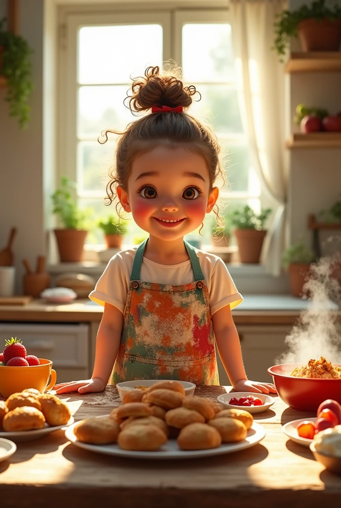 Girl in a kitchen and alot of food on the table and she is very fat and eat all everything