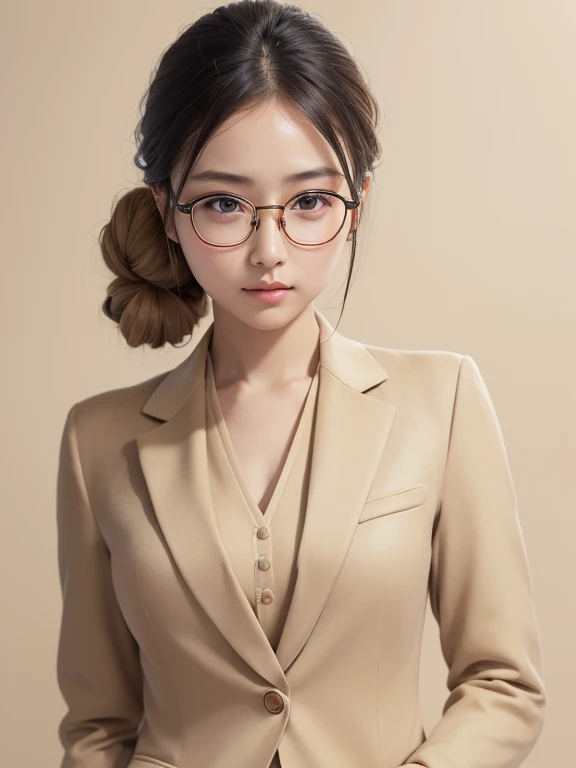 (((ID photo)))、(Realistic), RAW Photos, Japanese women、28 years old、alone、(Body and all)、(look straight ahead)、(Looking at the camera)、(((Beautiful face like an actress))),((((Beige formal suit:1.4)))),(((Delicate round gold-rimmed glasses)))、Anatomically correct、Realistic proportions, Complex,超detailedな,High dynamic、8K Wallpaper、Sharp focus,high quality,((Ultra-high resolution)), masterpiece, completion, detailed.impressive, Attention to detail, ((Simple blue background)),(Hair tied up)、No bangs、Long Hair、Realistic skin texture