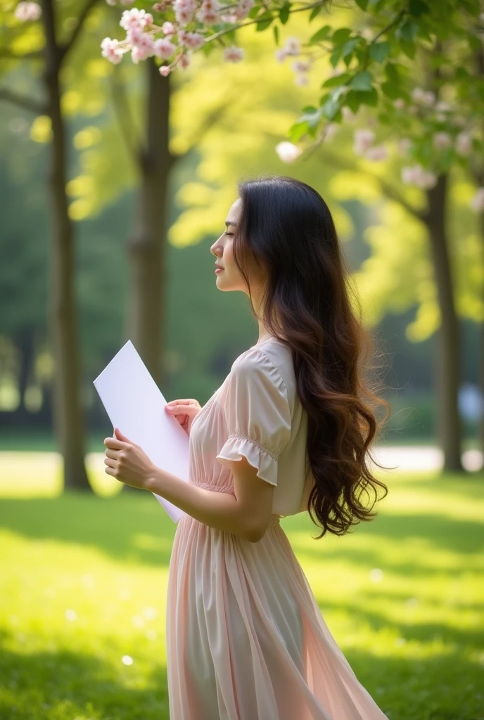 Create me a picture of a woman holding a blank paper in her hand.