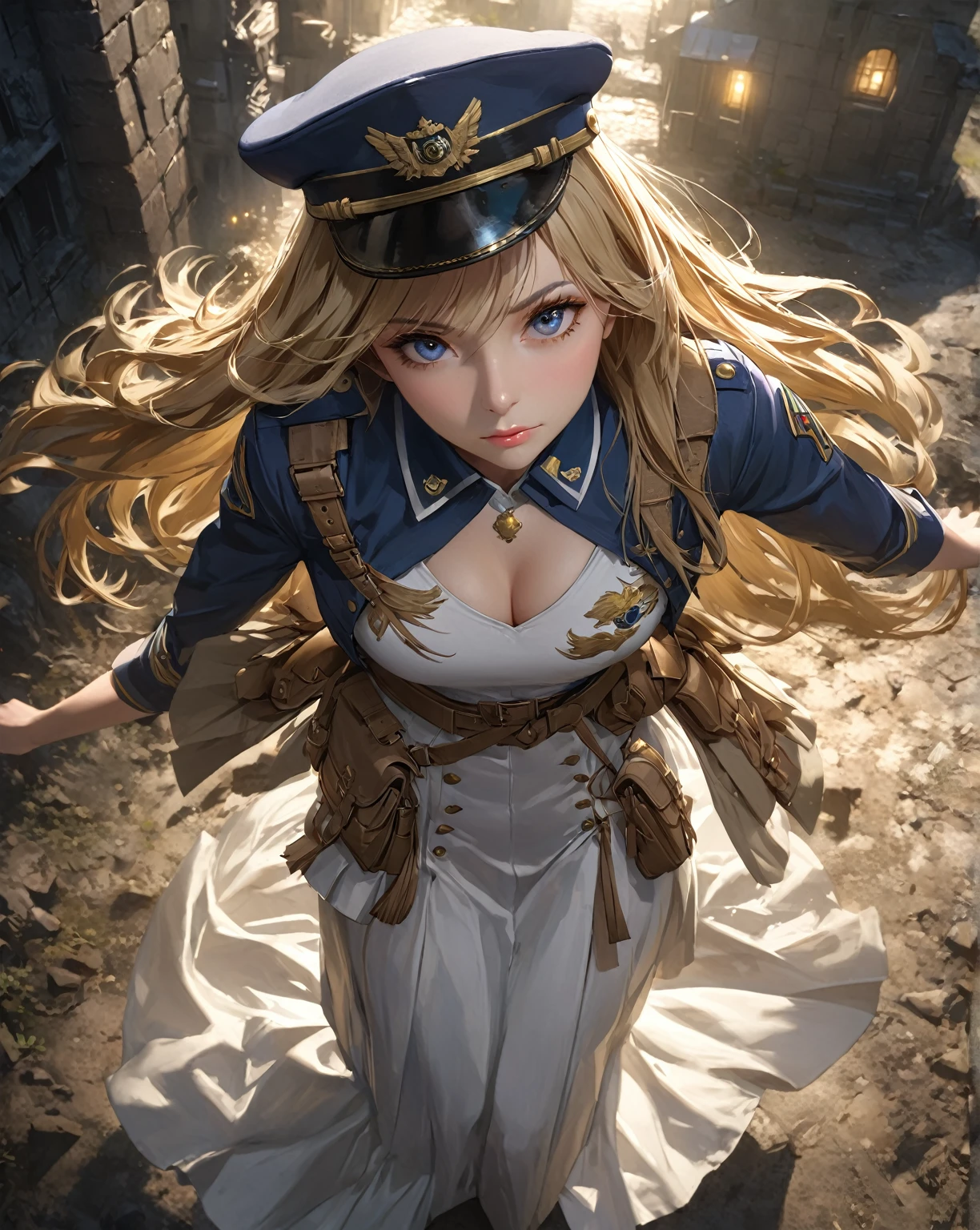 (masterpiece, best quality:1.3), (from above:1.3),, perfect face, expressive eyes, 1woman, looking at viewer, gorgeous body, middle , beautiful, anime,1woman, gold hair, army cap, uniform, long skirt, (cinematic lighting, realistic, dream-like, enchanting atmosphere:1.5), (an old jmoonlight leaking, midnight, big full moon:1.3),battlefield,blue and white uniform