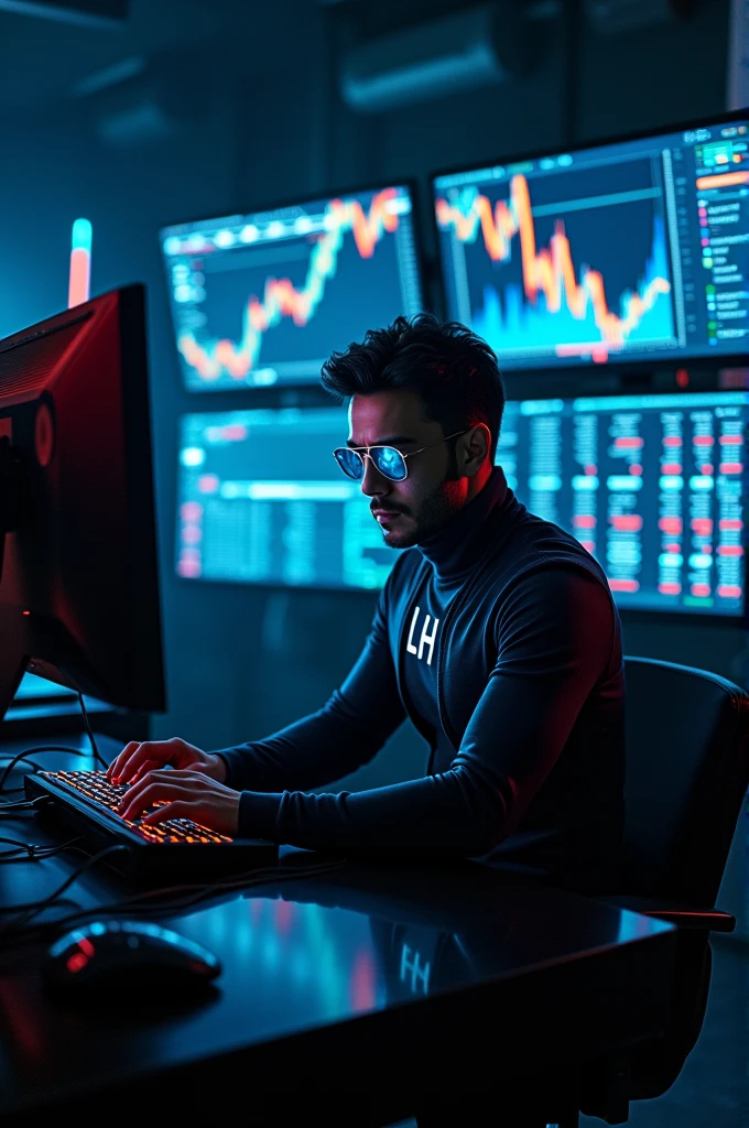 futuristic robbery, with blue eyes, sitting at the table in front of the computer, with the letters LH on his chest, around him several monitors with stock market charts.