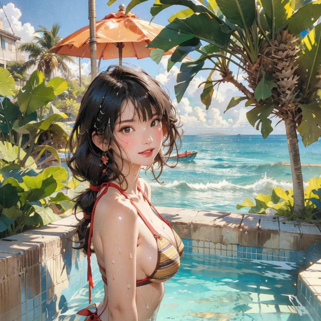 ((highest quality, masterpiece, High resolution)), ((reality)),Photos of beautiful Japanese women,((anime art))、 (((1 girl))), normal size breasts, slim body shape, long ponytail,double eyelid, Wet see-through bikini, A pareo with bold ethnic patterns and plenty of primary colors、(Brown skin:1.4),realistic skin、Wet,whole body,cinematic light、tropical、Against the background of palm trees on both sides、on a sunny beach、With the sea in the background、blur background、smile