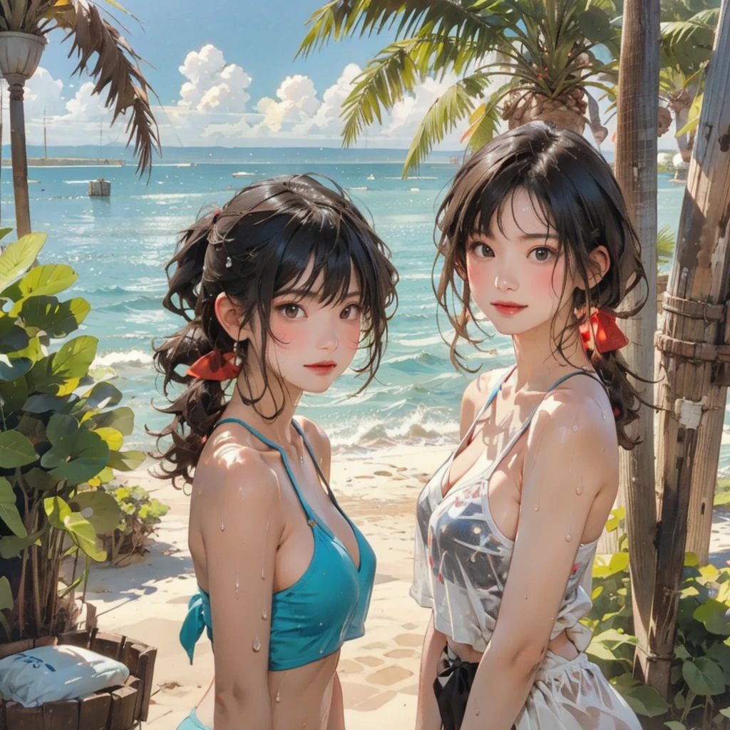 ((highest quality, masterpiece, High resolution)), ((reality)),Photos of beautiful Japanese women,((anime art))、 (((1 girl))), normal size breasts, slim body shape, long ponytail,double eyelid, Wet see-through bikini, A pareo with bold ethnic patterns and plenty of primary colors、(Brown skin:1.4),realistic skin、Wet,whole body,cinematic light、tropical、Against the background of palm trees on both sides、on a sunny beach、With the sea in the background、blur background、smile