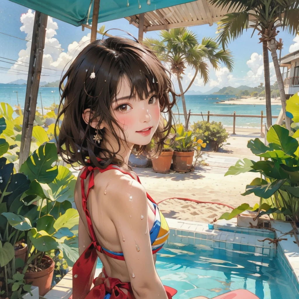 ((highest quality, masterpiece, High resolution)), ((reality)),Photos of beautiful Japanese women,((anime art))、 (((1 girl))), normal size breasts, slim body shape, long ponytail,double eyelid, Wet see-through bikini, A pareo with bold ethnic patterns and plenty of primary colors、(Brown skin:1.4),realistic skin、Wet,whole body,cinematic light、tropical、Against the background of palm trees on both sides、on a sunny beach、With the sea in the background、blur background、smile