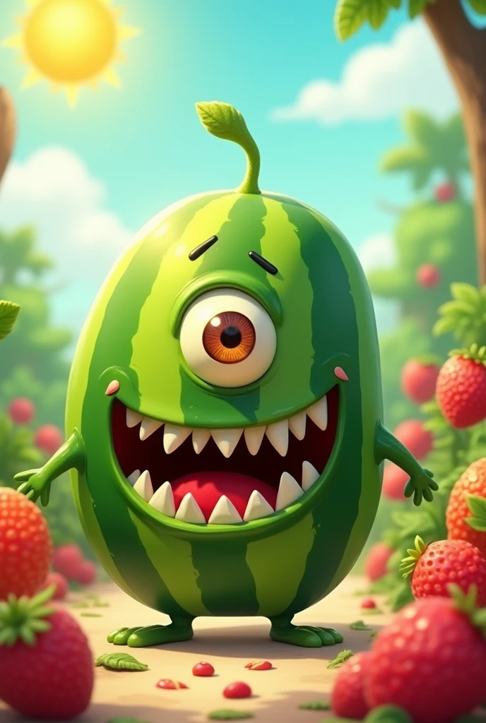 Turn a watermelon into a 2D animated character with monster features and only one eye.
