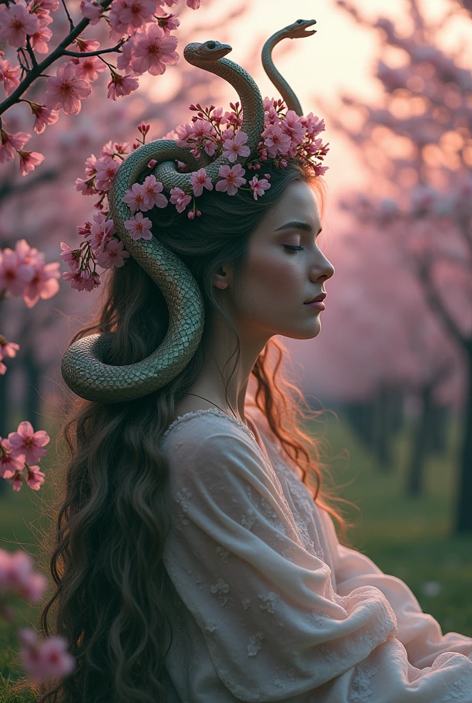 Medusa sitting censored by cherry blossom flowers and a cherry blossom flower crown