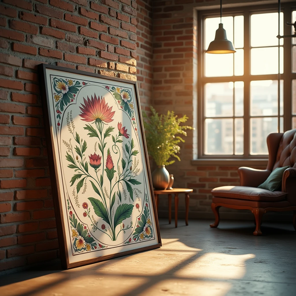A framed A4 poster with intricate floral designs inspired by William Morris, leaning against a brick wall in an industrial-style loft. The poster is bathed in warm, golden light from a nearby large factory-style window. The floor is polished concrete, with a few scattered vintage furniture pieces, adding to the rustic yet modern ambiance