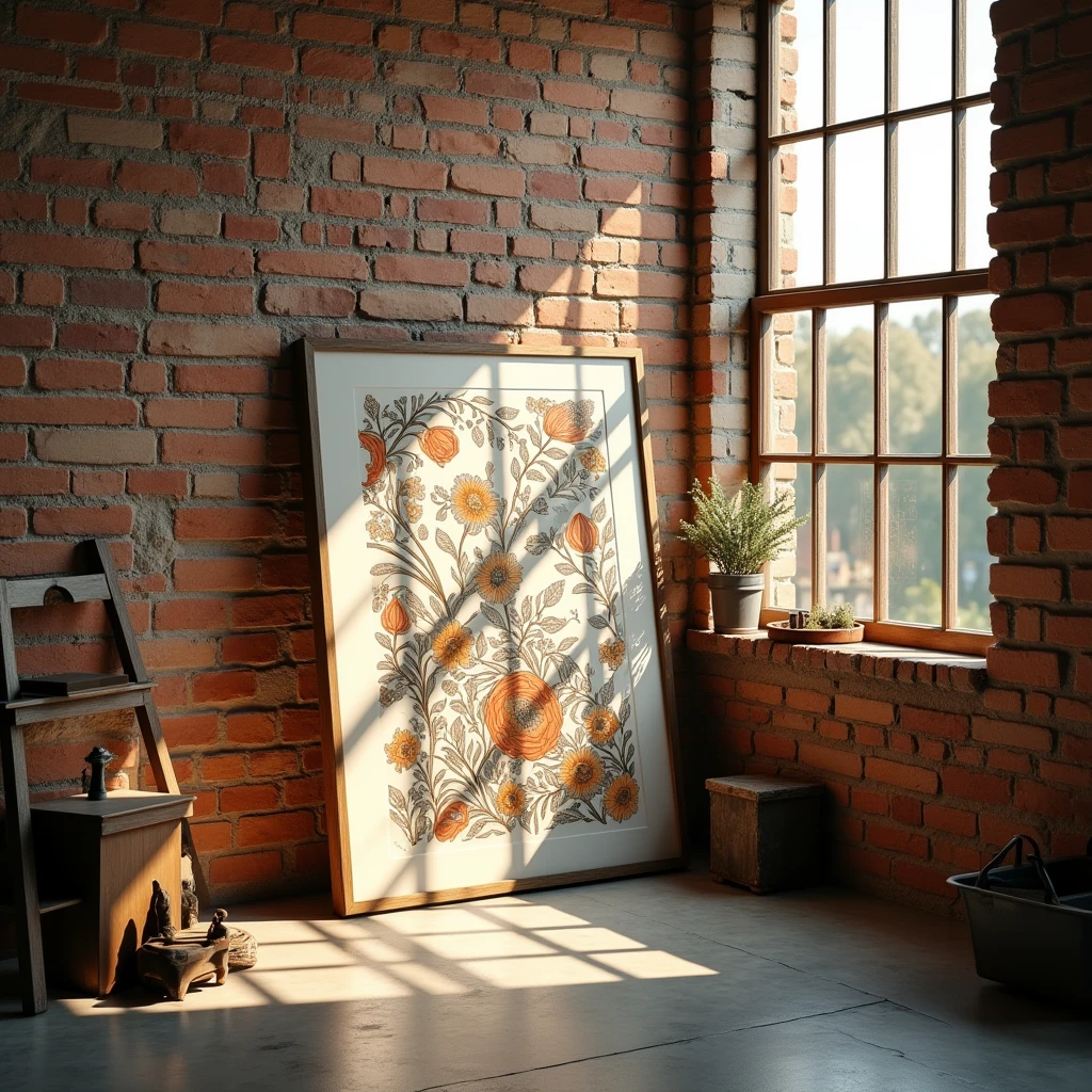 A framed A4 poster with intricate floral designs inspired by William Morris, leaning against a brick wall in an industrial-style loft. The poster is bathed in warm, golden light from a nearby large factory-style window. The floor is polished concrete, with a few scattered vintage furniture pieces, adding to the rustic yet modern ambiance