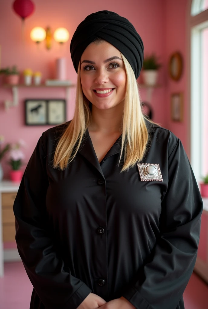 Make a beauty professional with a black lab coat, black turban, rectangular brooch, Round face, chubby, mature woman, straight blonde hair, Disney style drawing 