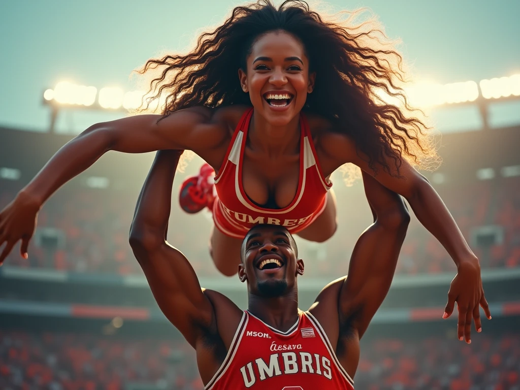 a beautiful very muscular female cheerleader, lifting and holding a male football player over her head, smiling at him, scared expression on his face, (best quality,4k,8k,highres,masterpiece:1.2),ultra-detailed,(realistic,photorealistic,photo-realistic:1.37),hyperrealistic, muscular female body, athletic, dynamic pose, dramatic lighting, vibrant colors, action scene, clean composition, strong contrast, detailed facial features, piercing eyes, lush hair, toned abs, powerful arms, gripping the male tightly, surprised male expression, high quality 3D render, cinematic lighting, volumetric fog