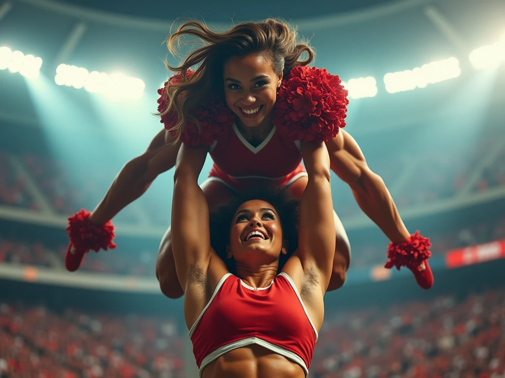 a beautiful very muscular female cheerleader, lifting and holding a male football player over her head, smiling at him, scared expression on his face, (best quality,4k,8k,highres,masterpiece:1.2),ultra-detailed,(realistic,photorealistic,photo-realistic:1.37),hyperrealistic, muscular female body, athletic, dynamic pose, dramatic lighting, vibrant colors, action scene, clean composition, strong contrast, detailed facial features, piercing eyes, lush hair, toned abs, powerful arms, gripping the male tightly, surprised male expression, high quality 3D render, cinematic lighting, volumetric fog