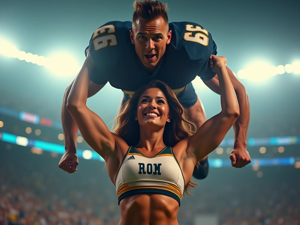 a beautiful very muscular female cheerleader, lifting and holding a male football player over her head, smiling at him, scared expression on his face, (best quality,4k,8k,highres,masterpiece:1.2),ultra-detailed,(realistic,photorealistic,photo-realistic:1.37),hyperrealistic, muscular female body, athletic, dynamic pose, dramatic lighting, vibrant colors, action scene, clean composition, strong contrast, detailed facial features, piercing eyes, lush hair, toned abs, powerful arms, gripping the male tightly, surprised male expression, high quality 3D render, cinematic lighting, volumetric fog
