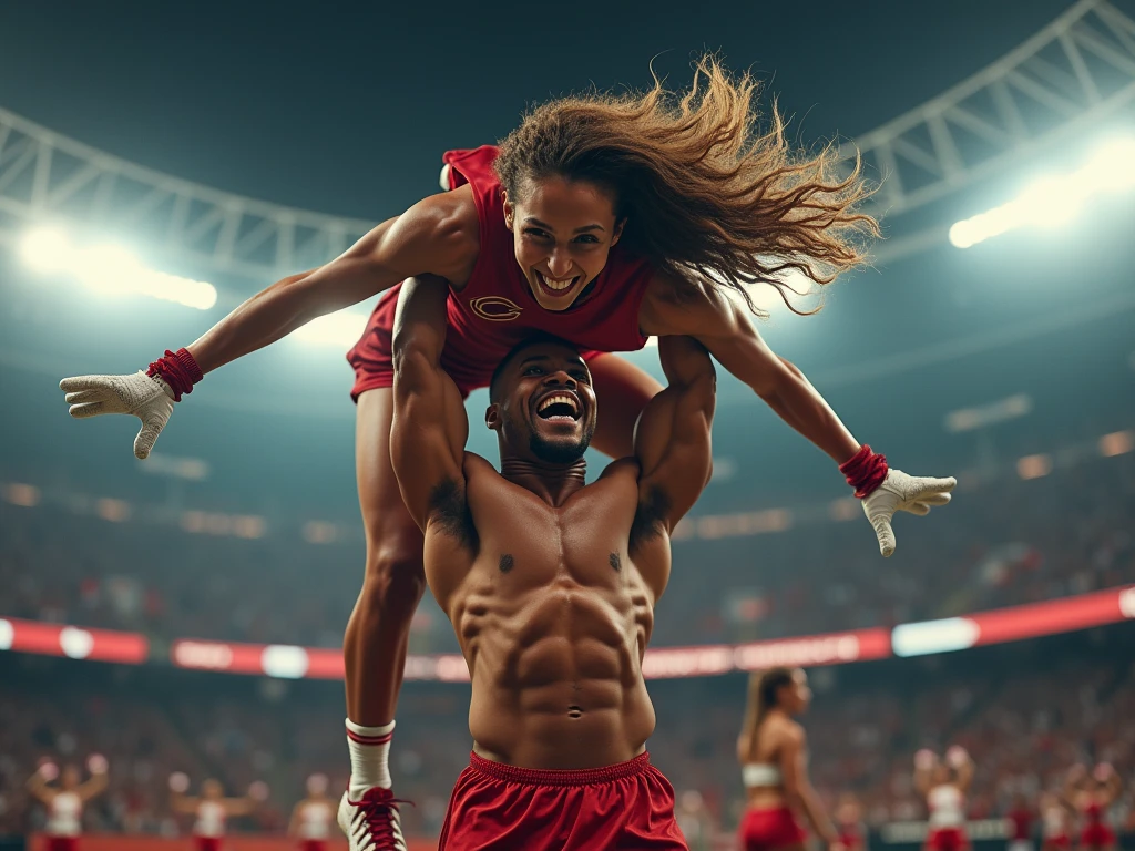 a beautiful very muscular female cheerleader, lifting and holding a male football player over her head, smiling at him, scared expression on his face, (best quality,4k,8k,highres,masterpiece:1.2),ultra-detailed,(realistic,photorealistic,photo-realistic:1.37),hyperrealistic, muscular female body, athletic, dynamic pose, dramatic lighting, vibrant colors, action scene, clean composition, strong contrast, detailed facial features, piercing eyes, lush hair, toned abs, powerful arms, gripping the male tightly, surprised male expression, high quality 3D render, cinematic lighting, volumetric fog
