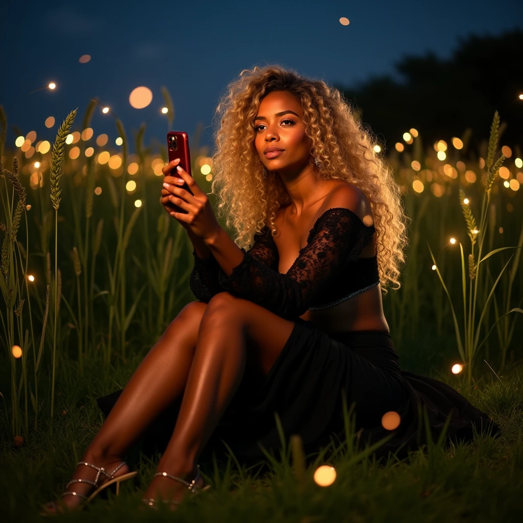  Selfie, she take a selfie, Very blond Curly hair blond, Toffee color skin, beautiful caribean  toffee mixed girl with long blond curly hair and extremely detailled clear yellow eyes , sexy curvy full body, she have beautiful feet and hand, Sitting on the grass in the middle of the tall grass with a few twigs of wheat, firefly flies everywhere, She wears a sexy long top with a black veil sleeve and black skirt, she wears black beautiful Lace-lace sandal ,night