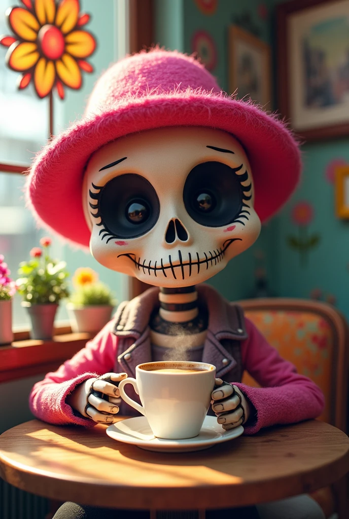Flirty skull head with pink hat drinking coffee cartoon style