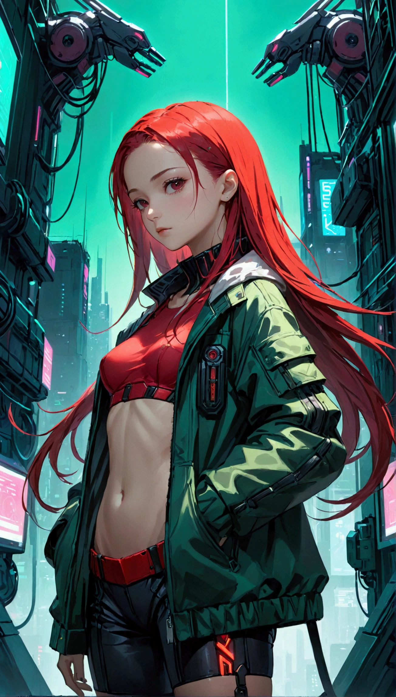 Beautiful small breasts, wearing sturdy jacket, long hair, machine arms in the cyberpunk night scene, Cyberpunk red green backdrop
