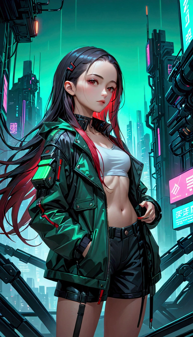 Beautiful small breasts, wearing sturdy jacket, long hair, machine arms in the cyberpunk night scene, Cyberpunk red green backdrop